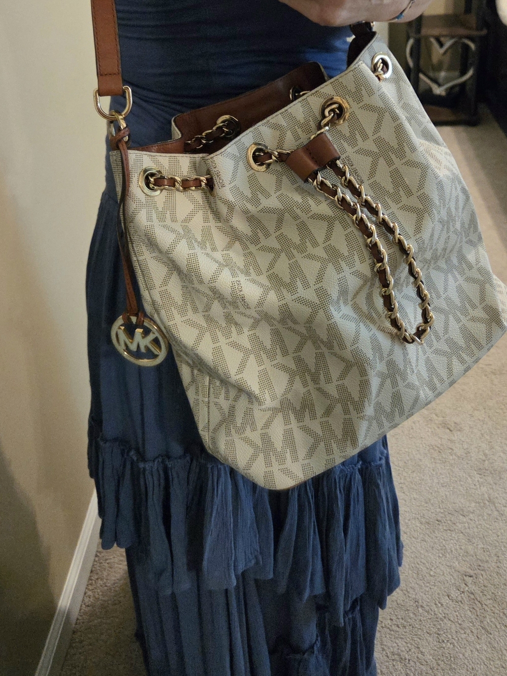 Michael Kors Signature Logo Drawstring Tote in Vanilla with Brown Trim